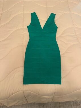 Herve Leger Emerald Green V-Neck Bandage Mini Dress